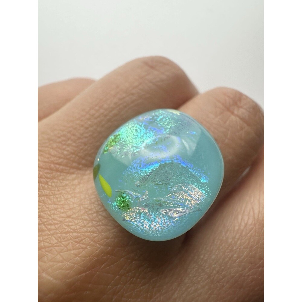 Silver tone Blue Dichroic glass Ring size 6